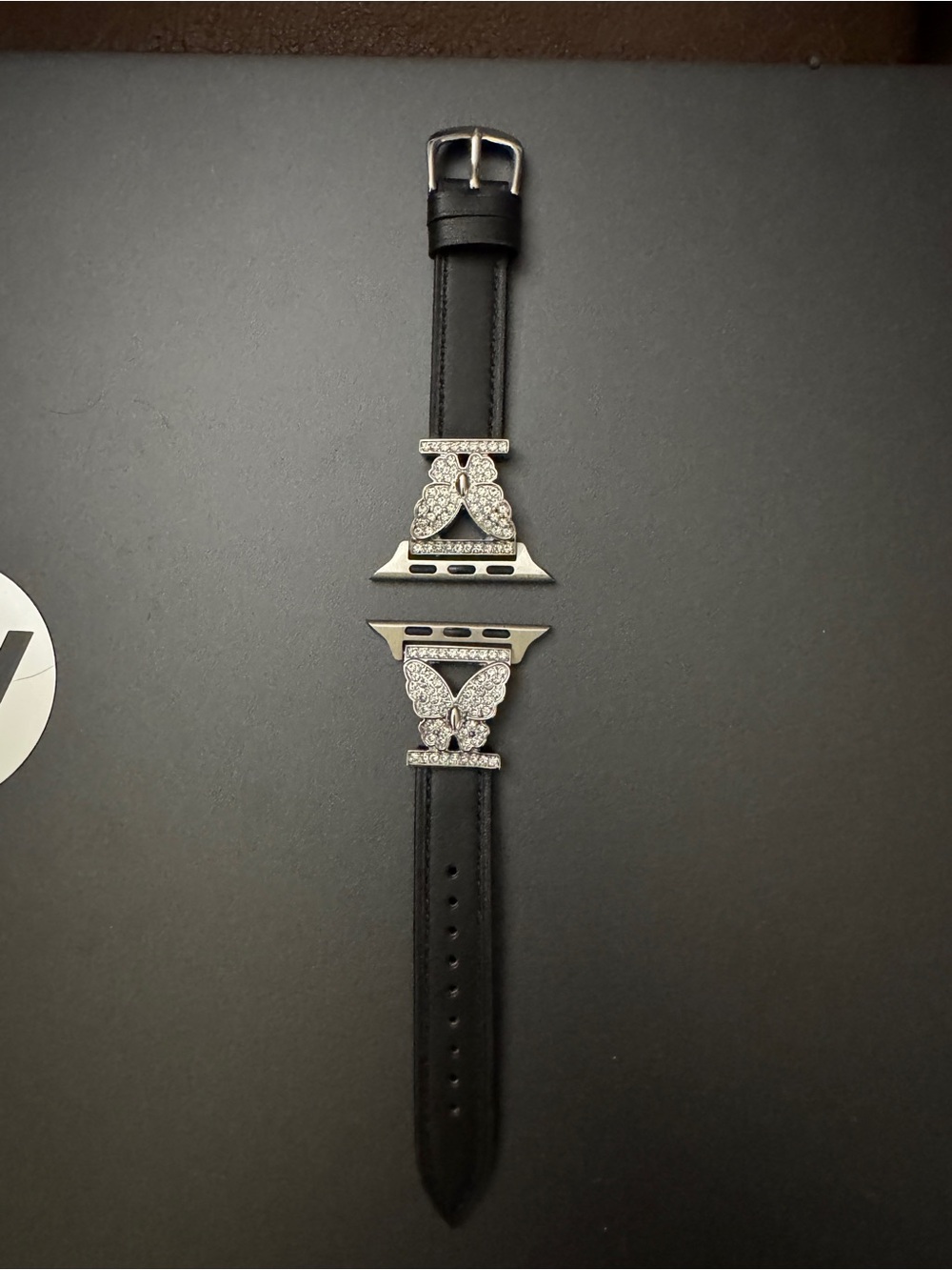 Black Leather Watch Band with Silver Crystal Butterfly Adapters